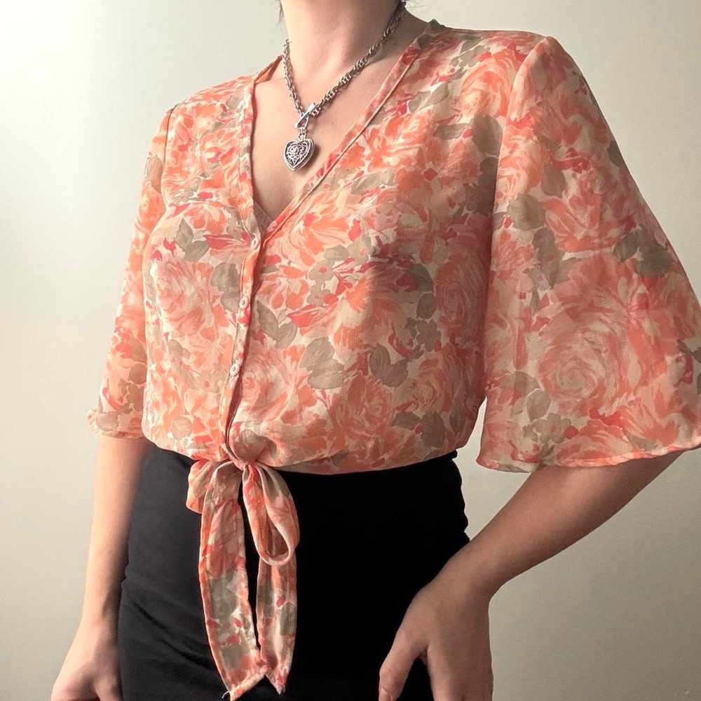 Kirra light peach and grey sheer abstract floral flutter sleeve blouse